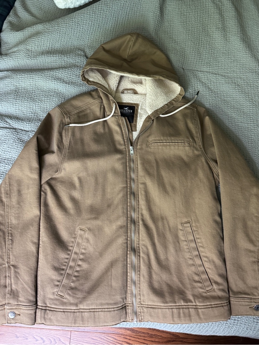 Hollister Men's Tan Hooded Sherpa-Lined Workwear Jacket
